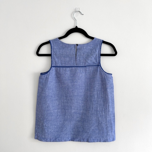 J. Crew Tank Top Chambray Denim Crew Neck Button Back with Pompom Trim Size 0 - Picture 5 of 9